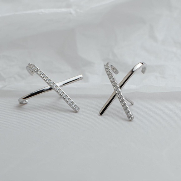 Charter Club Inspired 925 Sterling Silver X Crossover Crystal Hoop Earrings - Picture 5 of 6